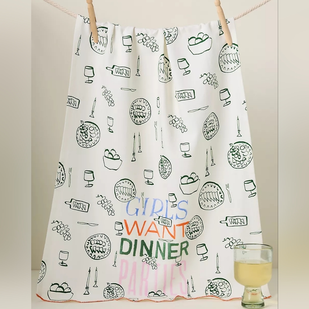 Phthalo Ruth Girls Want Dinner Parties Cotton Dish Towel, NWT